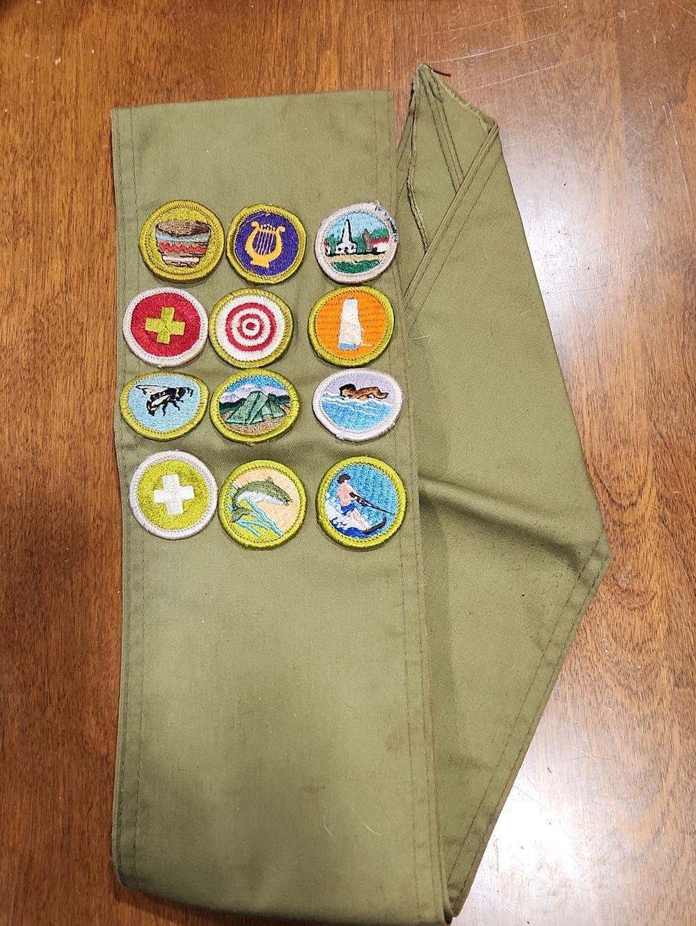 Vintage Olive Green Boyscout Merit Sash with Badge Display